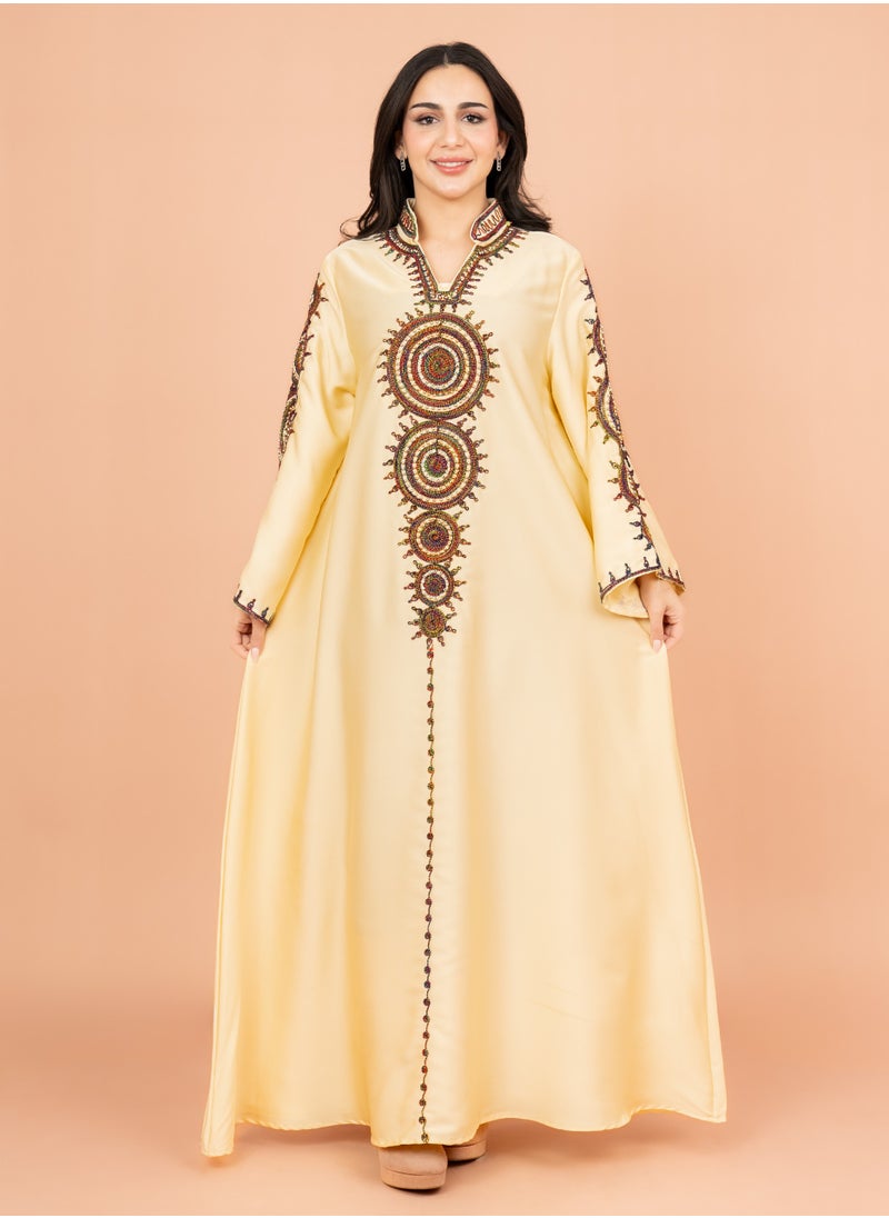 IKKXA Solid Embroidered Jalabiya IK1008 Yellow  - Image 5