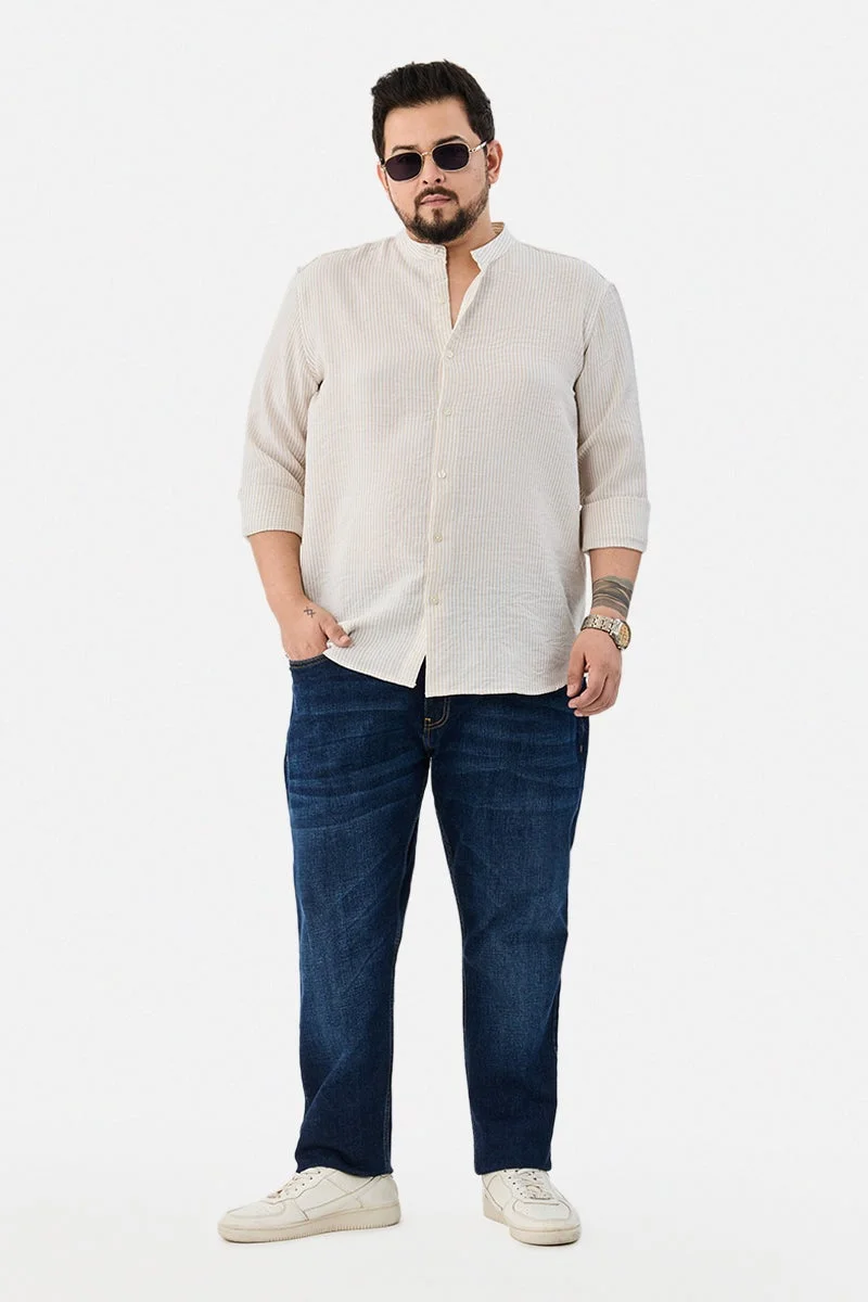 سنيتش Chinese Collar Plus Size Stripes Shirt