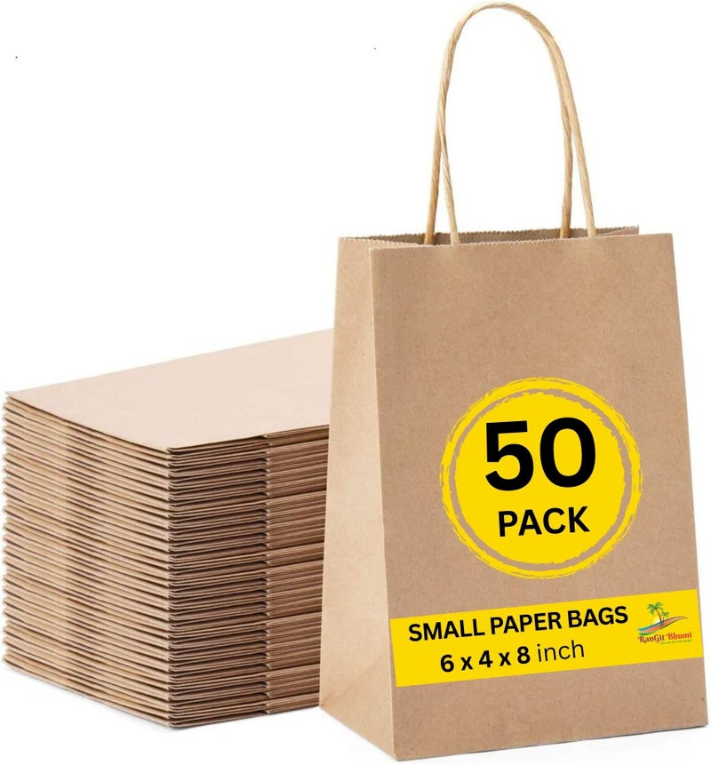 RanGit Bhumi- Kraft Paper Bags with handles - Small Party Favor Goodies Candies Return Gift Bag, Brown Paper Carry Bags for Shopping Retail, Disposable (6x4x8 in Brown, 50 pack) - Image 1