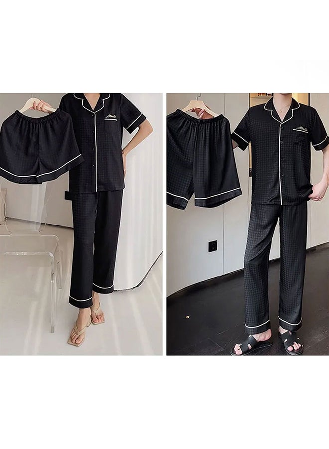 MARGOUN Couple Pajama XXXL Men Pajamas XXL Women Houndstooth Ice Silk Homewear Lovers Sleep Suit Nightwear Short Sleeve Sleepwear Black - Image 2