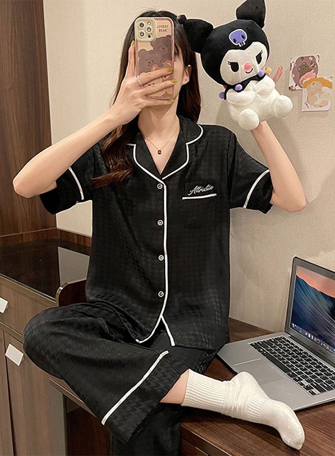 MARGOUN Couple Pajama XXXL Men Pajamas XXL Women Houndstooth Ice Silk Homewear Lovers Sleep Suit Nightwear Short Sleeve Sleepwear Black - Image 3