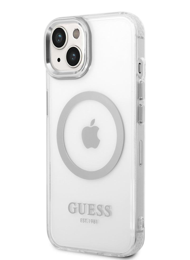 GUESS iPhone 14 Plus Case MagSafe Compatibility Transparent Outline Back Cover / Bumper and Scratch Protection / Slim Profile / Easy Snap-On - Silver - Image 2