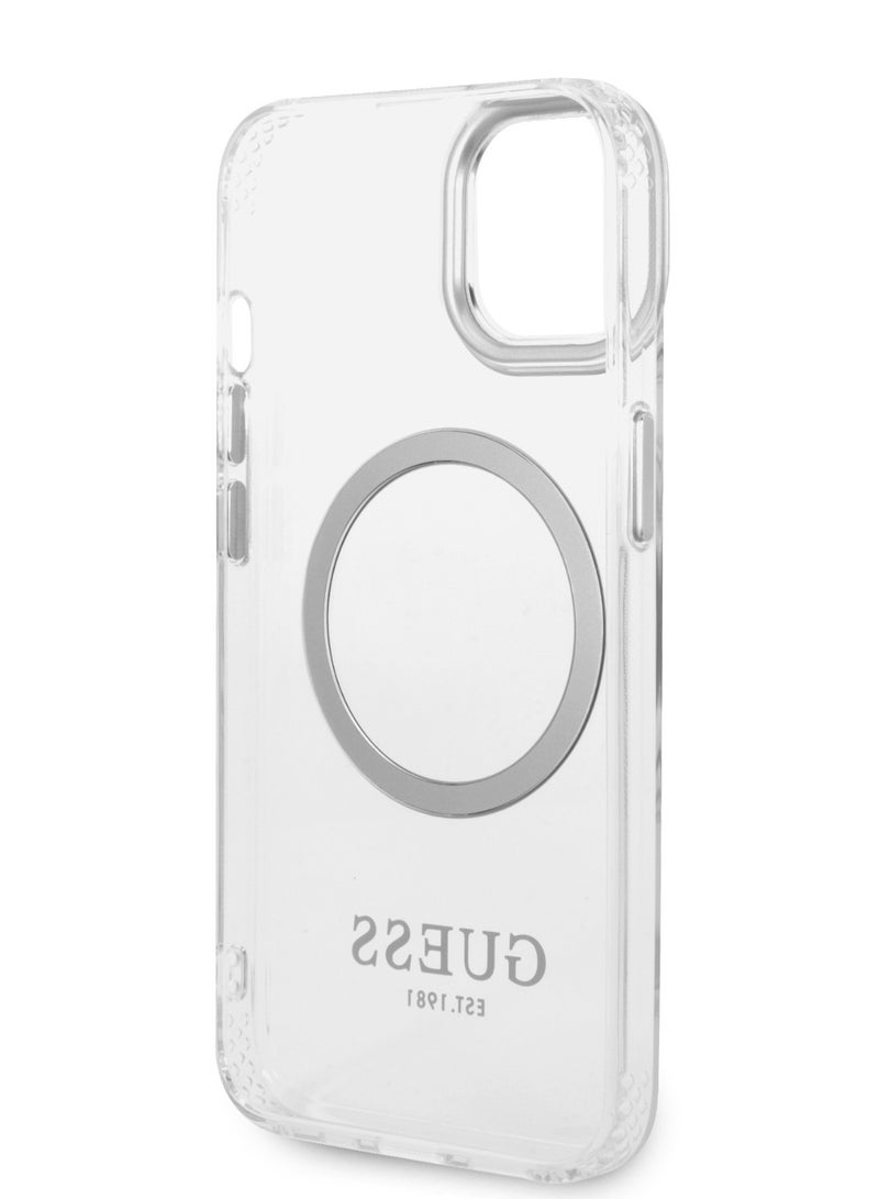 GUESS iPhone 14 Plus Case MagSafe Compatibility Transparent Outline Back Cover / Bumper and Scratch Protection / Slim Profile / Easy Snap-On - Silver - Image 5
