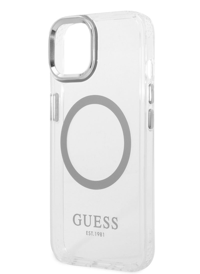GUESS iPhone 14 Plus Case MagSafe Compatibility Transparent Outline Back Cover / Bumper and Scratch Protection / Slim Profile / Easy Snap-On - Silver - Image 4