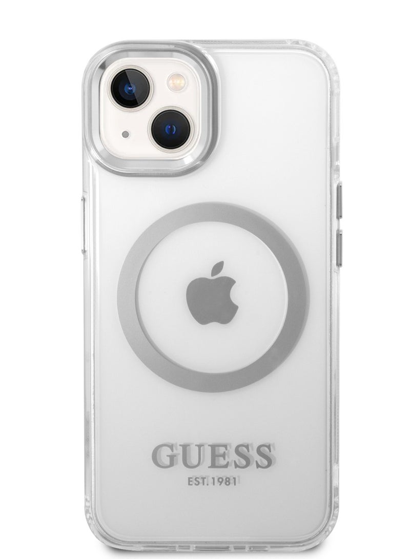 GUESS iPhone 14 Plus Case MagSafe Compatibility Transparent Outline Back Cover / Bumper and Scratch Protection / Slim Profile / Easy Snap-On - Silver - Image 1