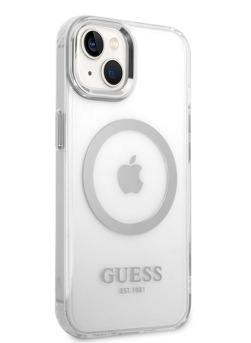 GUESS iPhone 14 Plus Case MagSafe Compatibility Transparent Outline Back Cover / Bumper and Scratch Protection / Slim Profile / Easy Snap-On - Silver - Image 3