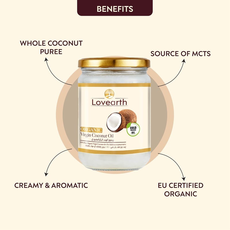 LoveArth Organic Virgin Coconut Oil 500ml | Cold Pressed & Unrefined | 100% Pure Natural Oil for Cooking, Skin & Hair | Keto, Vegan & Gluten Free - Image 2