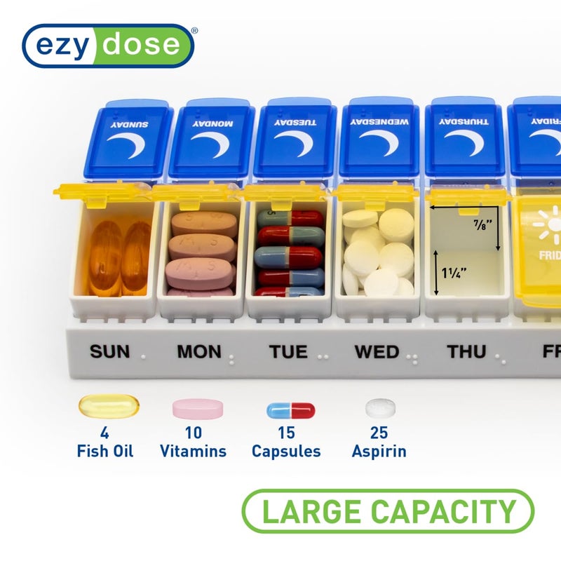 EZY DOSE Weekly (7-Day) AM/PM Pill Organizer, Daily Vitamin Container and Medicine Box, Large Pop-Out Compartments, Designed for Travel, 2 Times a Day, Blue and Yellow Lids - Image 3