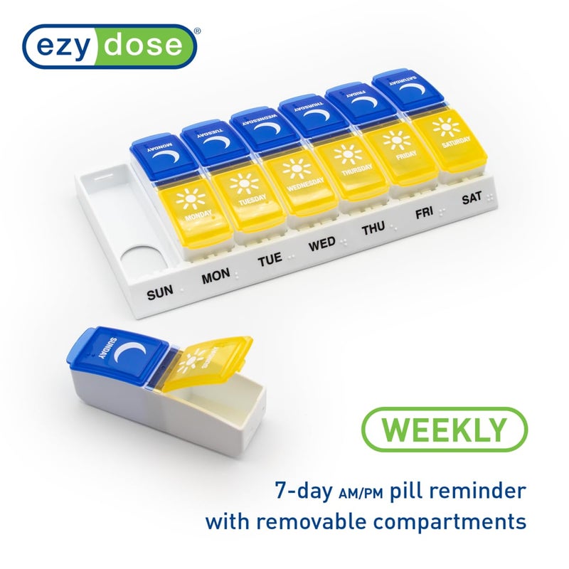 EZY DOSE Weekly (7-Day) AM/PM Pill Organizer, Daily Vitamin Container and Medicine Box, Large Pop-Out Compartments, Designed for Travel, 2 Times a Day, Blue and Yellow Lids - Image 4