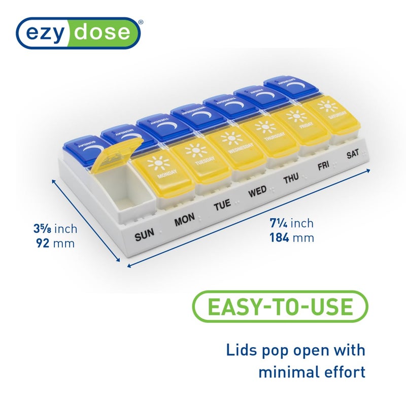 EZY DOSE Weekly (7-Day) AM/PM Pill Organizer, Daily Vitamin Container and Medicine Box, Large Pop-Out Compartments, Designed for Travel, 2 Times a Day, Blue and Yellow Lids - Image 2
