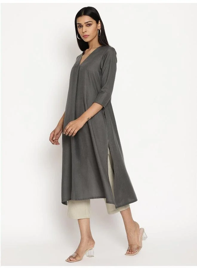 trueBrowns Cotton Linen Dark Grey Kurta Pant Set