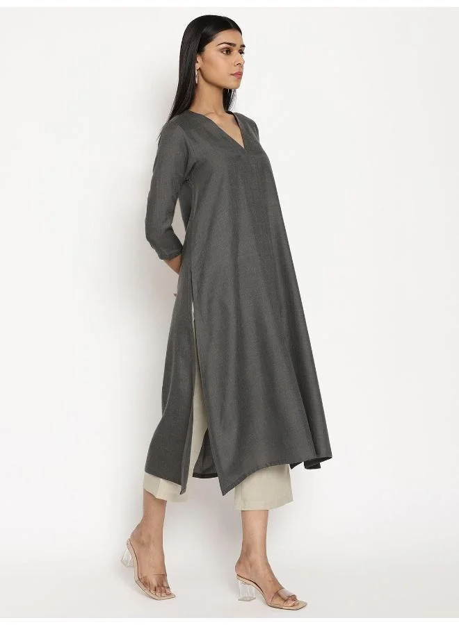 trueBrowns Cotton Linen Dark Grey Kurta Pant Set