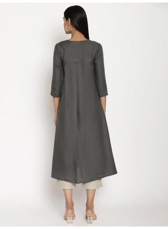 trueBrowns Cotton Linen Dark Grey Kurta Pant Set