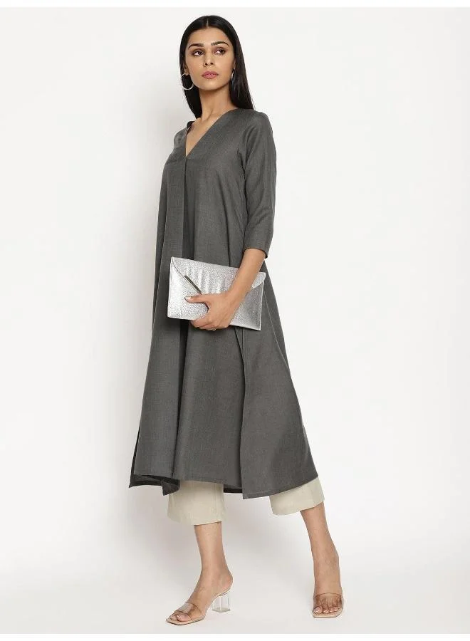 trueBrowns Cotton Linen Dark Grey Kurta Pant Set