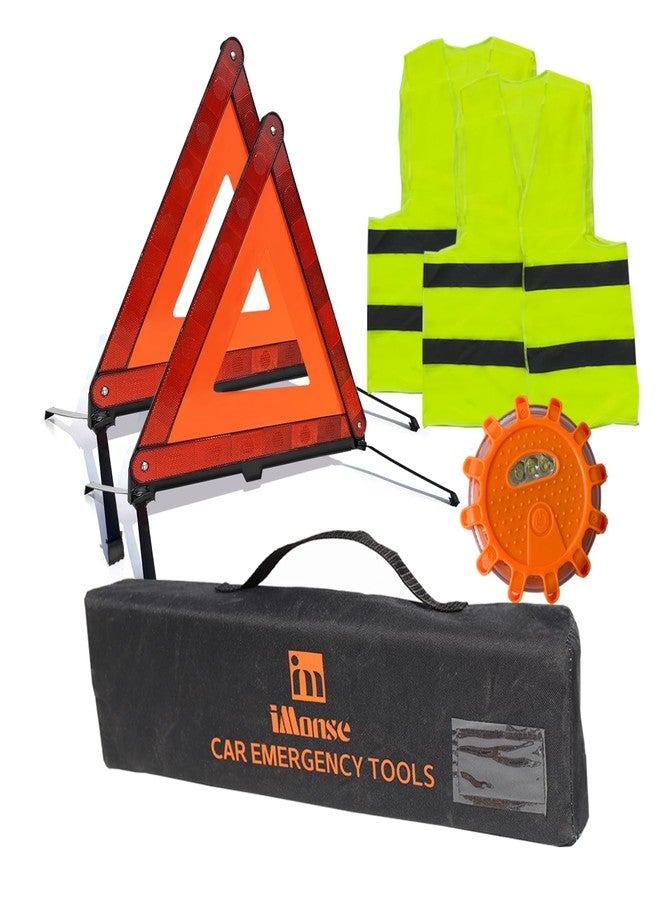iMonse Warning Safety Triangle Kit, Emergency Roadside Warning Reflective Triangle 2 Packs with 1 LED Road Flare Light, Foldable with Storage Case for Roadside Breakdowns Emergencies - Image 1