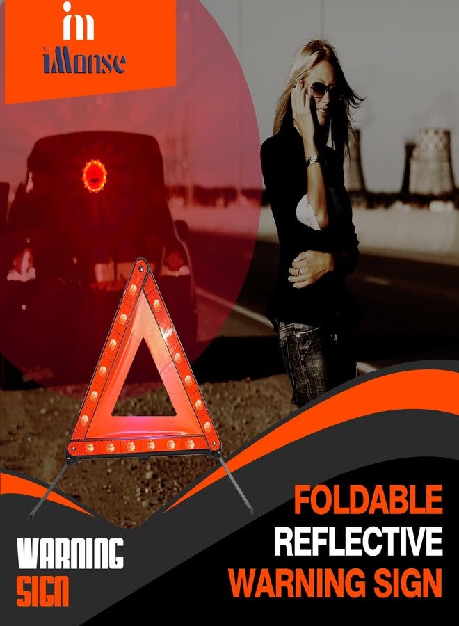 iMonse Warning Safety Triangle Kit, Emergency Roadside Warning Reflective Triangle 2 Packs with 1 LED Road Flare Light, Foldable with Storage Case for Roadside Breakdowns Emergencies - Image 2