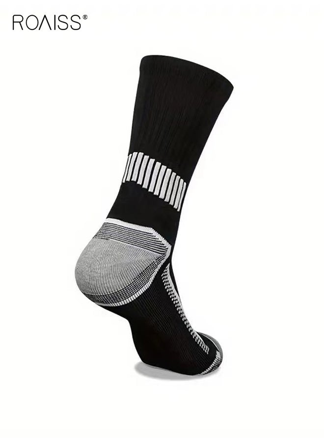 رويس أزواج من جوارب منتصف الساق للرجال، مقاس كبير، مزيج من البوليستر والقطن، جوارب رياضية لجميع المواسم، جوارب بيضاء مخططة لكرة القدم، ماصة للرطوبة ومضادة للاحتكاك، لون أسود - Image 2