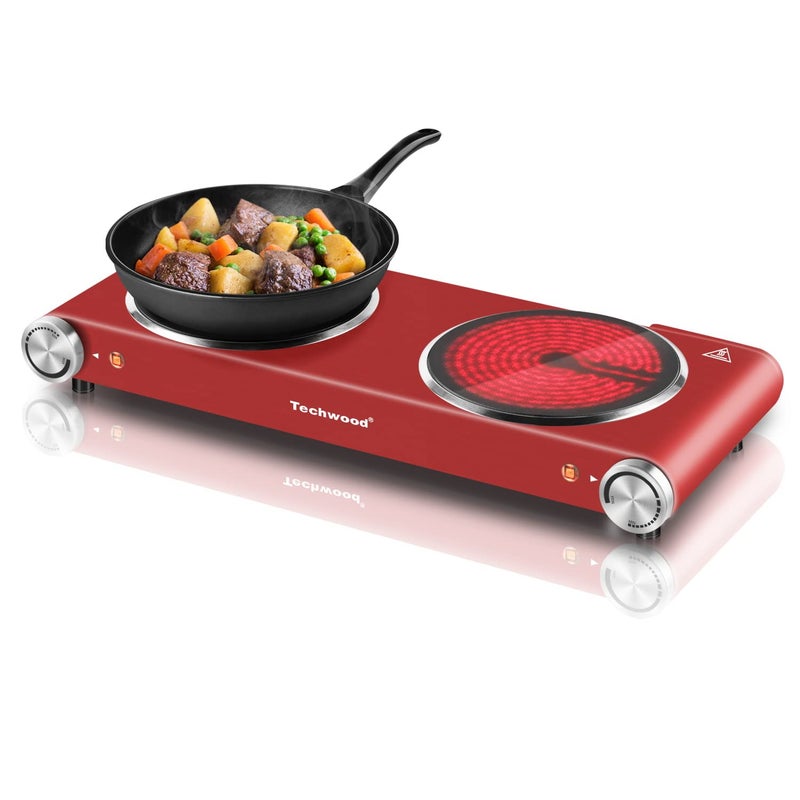 Techwood Hot Plate, Techwood 1800W Dual Electric Stoves, Countertop Stove Double Burner for Cooking, Infrared Ceramic Hot Plates Double Cooktop, Red, Brushed Stainless Steel Easy To Clean Upgraded Version, Red - Image 1