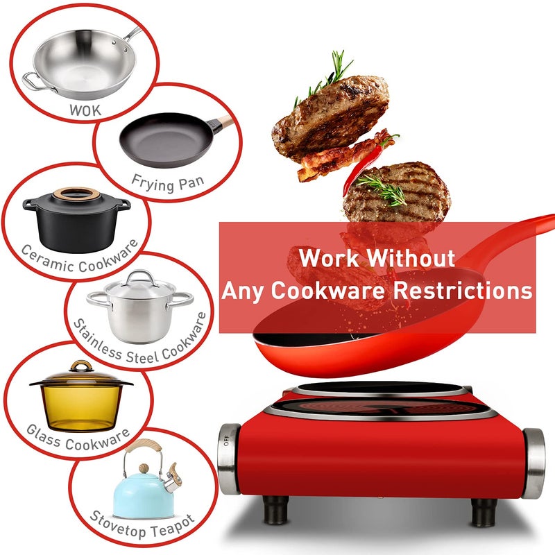 Techwood Hot Plate, Techwood 1800W Dual Electric Stoves, Countertop Stove Double Burner for Cooking, Infrared Ceramic Hot Plates Double Cooktop, Red, Brushed Stainless Steel Easy To Clean Upgraded Version, Red - Image 3