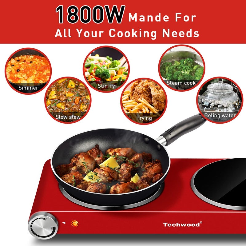 Techwood Hot Plate, Techwood 1800W Dual Electric Stoves, Countertop Stove Double Burner for Cooking, Infrared Ceramic Hot Plates Double Cooktop, Red, Brushed Stainless Steel Easy To Clean Upgraded Version, Red - Image 4