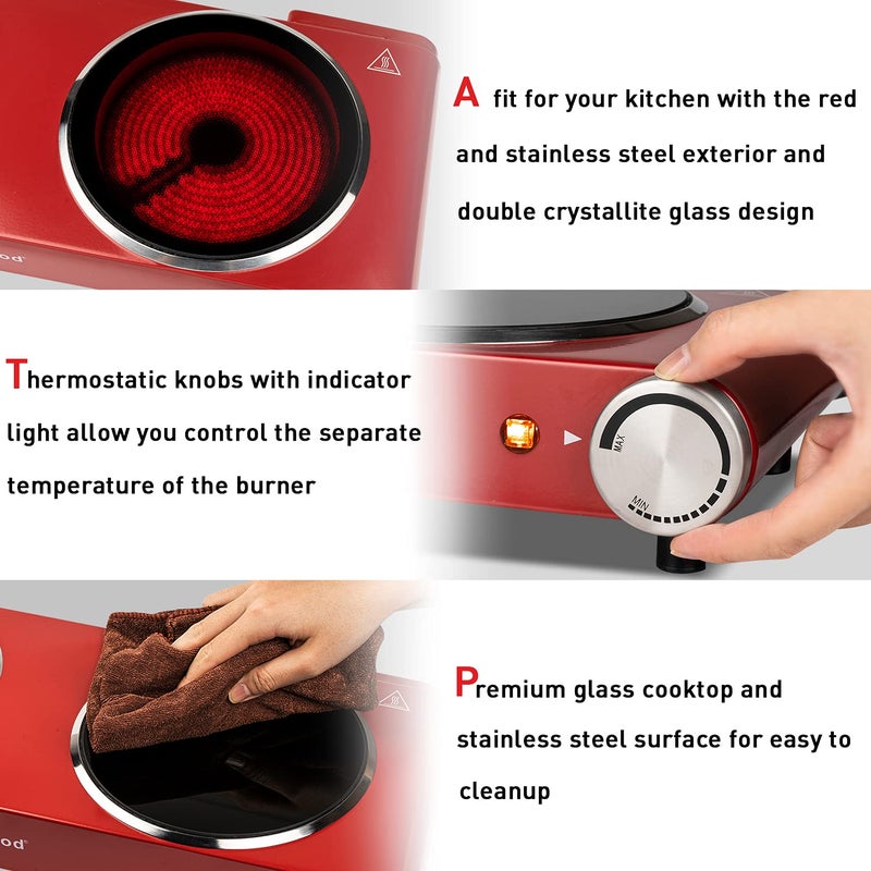 Techwood Hot Plate, Techwood 1800W Dual Electric Stoves, Countertop Stove Double Burner for Cooking, Infrared Ceramic Hot Plates Double Cooktop, Red, Brushed Stainless Steel Easy To Clean Upgraded Version, Red - Image 5