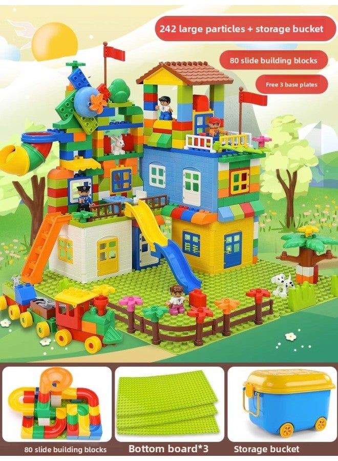 Variety Of Large Particles Building Blocks Assembled Children's Toys Slide Puzzle Boys And Girls Castle Slide Gift Puzzle Wholesale-Color:1036B [Barrel] 242 Large Particle Building Blocks +80 Slide +3 Bottom Plate  - Image 1