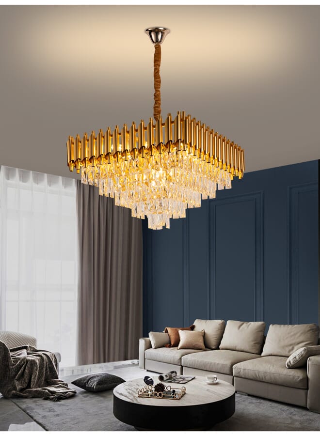 بيست باور ثريا كريستال ذهبية 8011، شكل مربع، 40 سم، 5 قواعد لمبات E14، طول قابل للتعديل 50 سم، إضاءة فاخرة لغرف المعيشة، وغرف الطعام، وغرف النوم. - Image 1