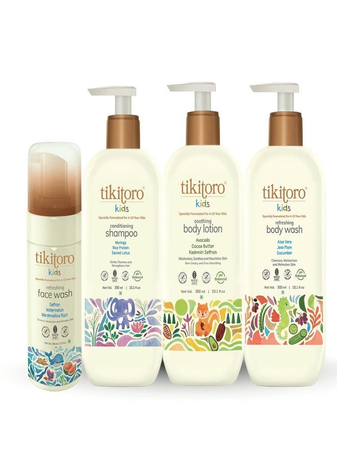 Tikitoro Kids Super Care Combo Pack, Refreshing Body Wash, Conditioning Shampoo, Soothing Body Lotion & Refreshing Face Wash, 100% Vegan, For All Skin Types, (Age: 4+) (300ml x 3 & 100ml x 1) - Image 1