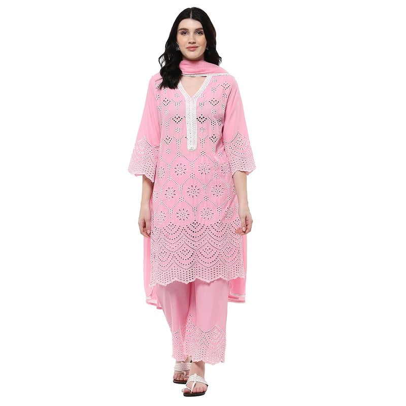 BIBA Women Pink Cotton Straight Kurta Set_38 - Image 5