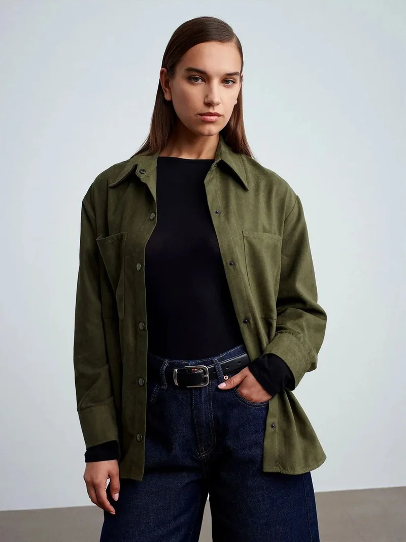 Dilvin DILVIN Women's Faux Suede Relaxed Shirt