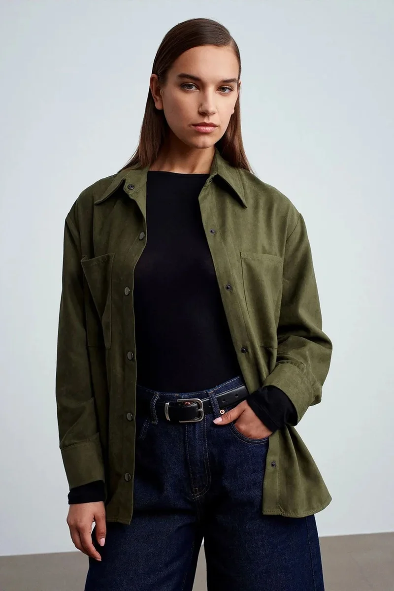 Dilvin DILVIN Women's Faux Suede Relaxed Shirt