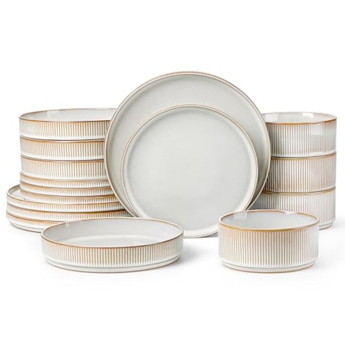 LIANYU Stoneware Dinnerware Sets with Pasta Bowls, 16 Piece Plates and Bowls Dishes Set for 4, Ribbed Dining Ware Dishware for Home, Microwave and Dishwasher Safe, Dawn Beige - Image 1