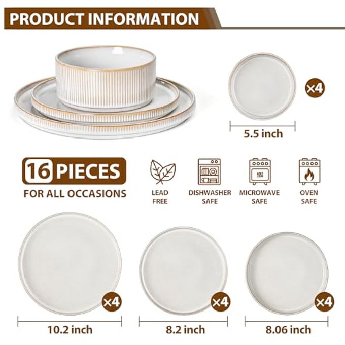LIANYU Stoneware Dinnerware Sets with Pasta Bowls, 16 Piece Plates and Bowls Dishes Set for 4, Ribbed Dining Ware Dishware for Home, Microwave and Dishwasher Safe, Dawn Beige - Image 2