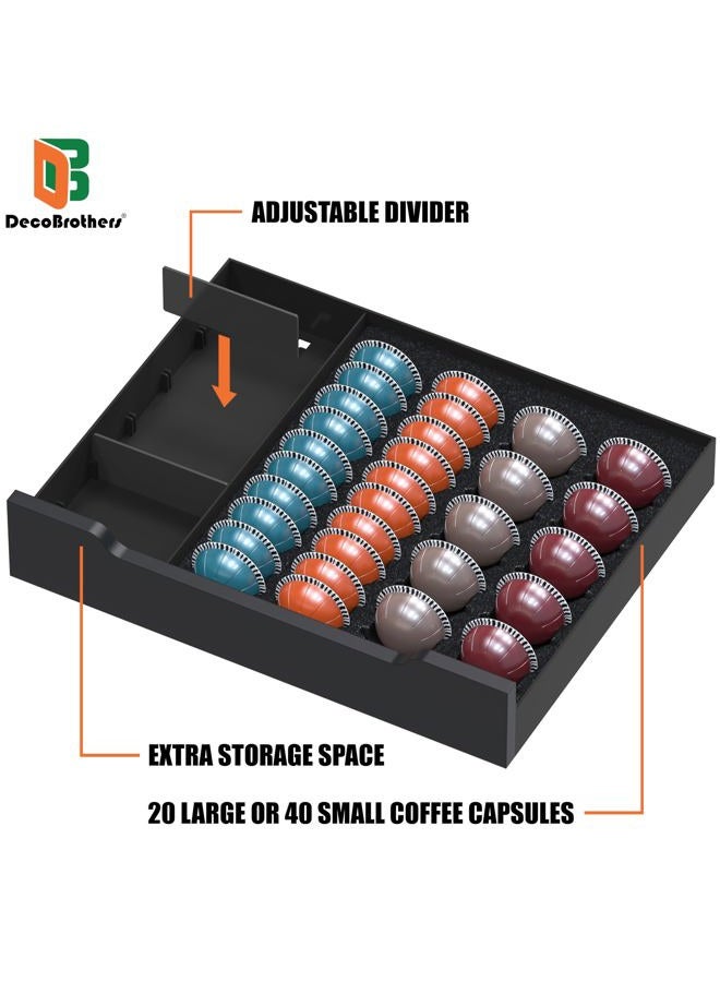 Deco Brothers Vertuoline Pod Holder Drawer with Adjustable Divider, Compatible with Nespresso 40 Small or 20 Large Capsules Coffee Bar Station, Wood Top Stand with Side Storage for Accessories, Black - Image 5