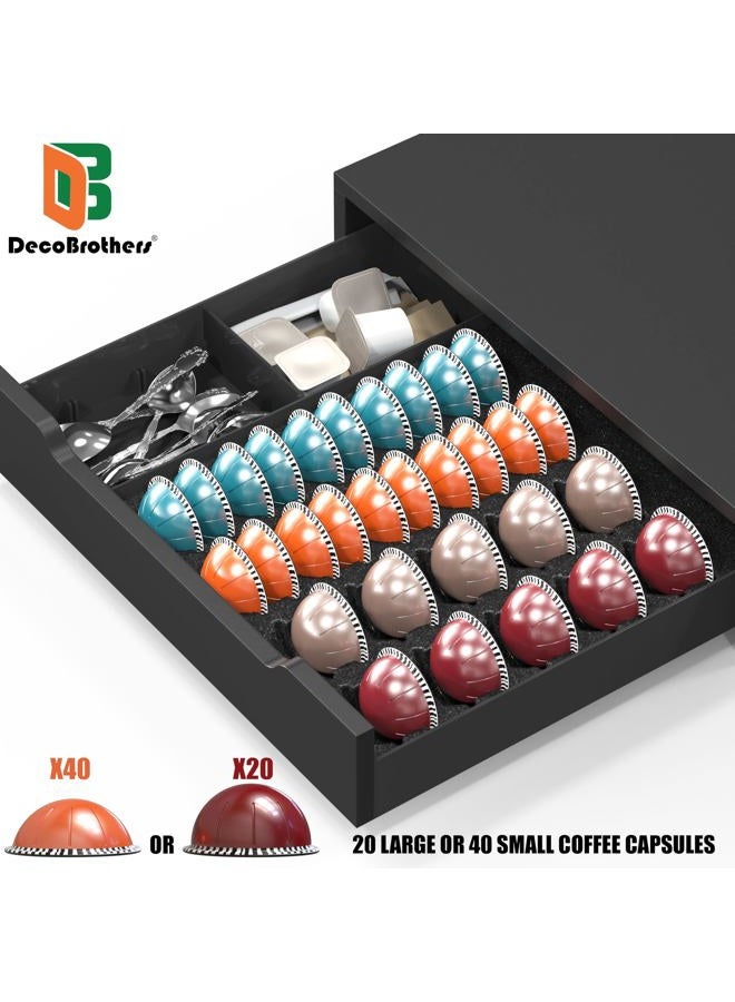 Deco Brothers Vertuoline Pod Holder Drawer with Adjustable Divider, Compatible with Nespresso 40 Small or 20 Large Capsules Coffee Bar Station, Wood Top Stand with Side Storage for Accessories, Black - Image 2