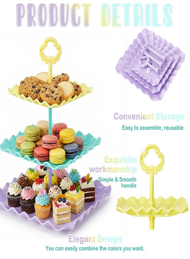 Yaomiao 6 Set 3 Tier Plastic Cupcake Stand Macaron Color Dessert Cup Cake Holder Tower Reusable Tiered Serving Tray Cakes Fruit Candy Display Tower for Wedding Birthday Tea Party Baby Shower (Square) - Image 4