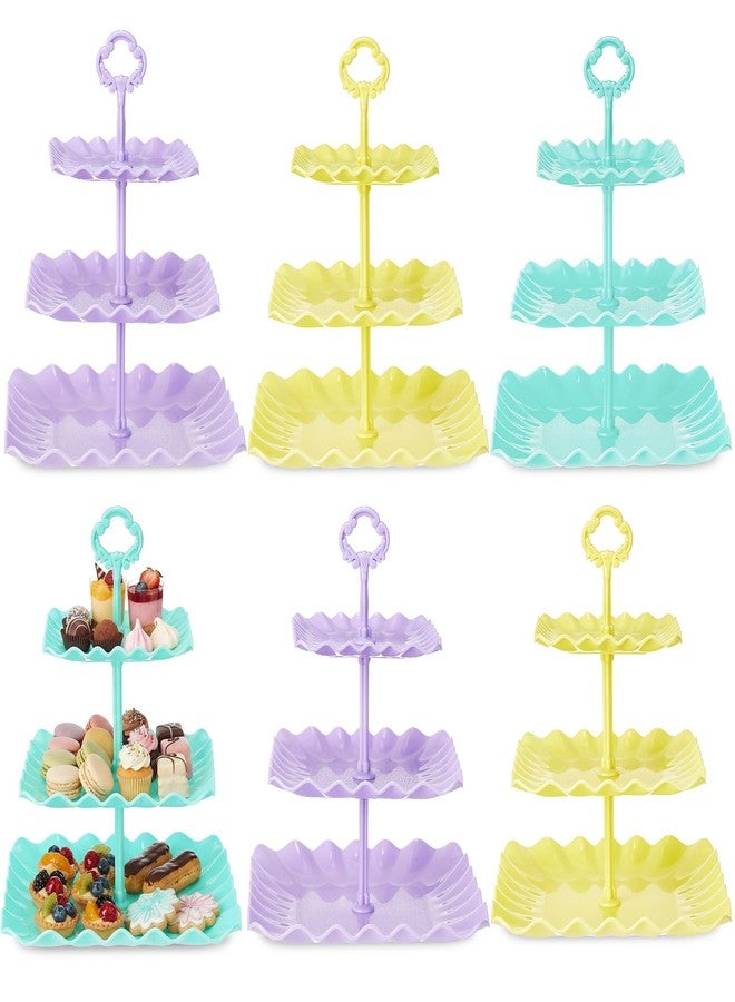 Yaomiao 6 Set 3 Tier Plastic Cupcake Stand Macaron Color Dessert Cup Cake Holder Tower Reusable Tiered Serving Tray Cakes Fruit Candy Display Tower for Wedding Birthday Tea Party Baby Shower (Square) - Image 1