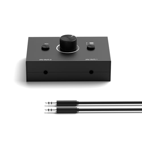 Dingsun 3.5mm Audio Switch, Stereo Audio Selector Box Passive Speaker Headphone Manual Selector with Volume Control (1 in-2 Out/ 2 in-1 Out) - Image 1