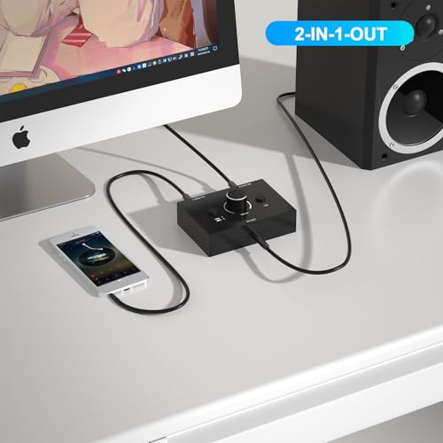 Dingsun 3.5mm Audio Switch, Stereo Audio Selector Box Passive Speaker Headphone Manual Selector with Volume Control (1 in-2 Out/ 2 in-1 Out) - Image 3