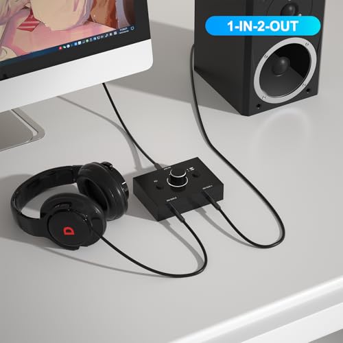 Dingsun 3.5mm Audio Switch, Stereo Audio Selector Box Passive Speaker Headphone Manual Selector with Volume Control (1 in-2 Out/ 2 in-1 Out) - Image 2