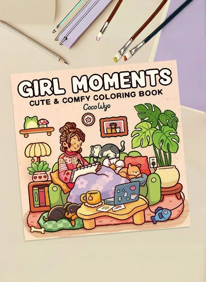 Girl's Moment: A Stress Relief Coloring Book for Adults and Teens, featuring 40 pages of relaxing cubbyhole designs and a whimsical animated cover. Perfect for teens and adults, it's an ideal way to relieve stress and express art. It also makes a great gift for Valentine's Day, Ramadan, birthdays, and more. - Image 1