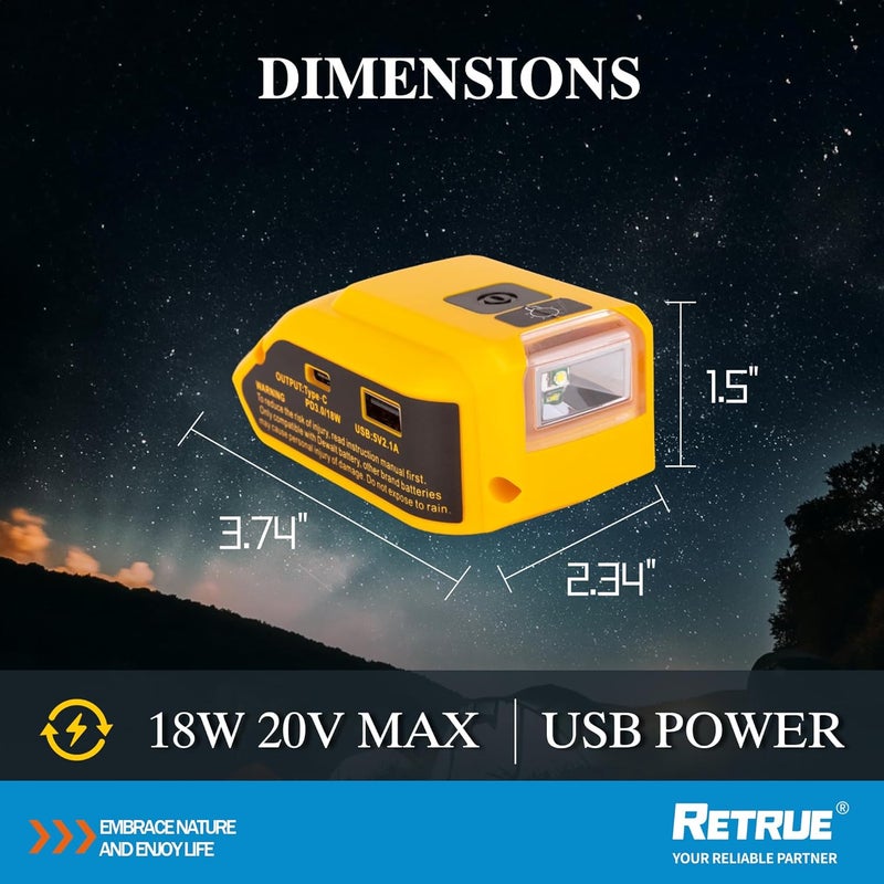 RETRUE محول شاحن USB للبطارية لبطارية DeWalt 20V MAX، محول طاقة مولد مع شاحن USB من النوع C وإضاءة LED للعمل والتخييم والسفر بالمركبات الترفيهية، الأداة فقط - Image 5