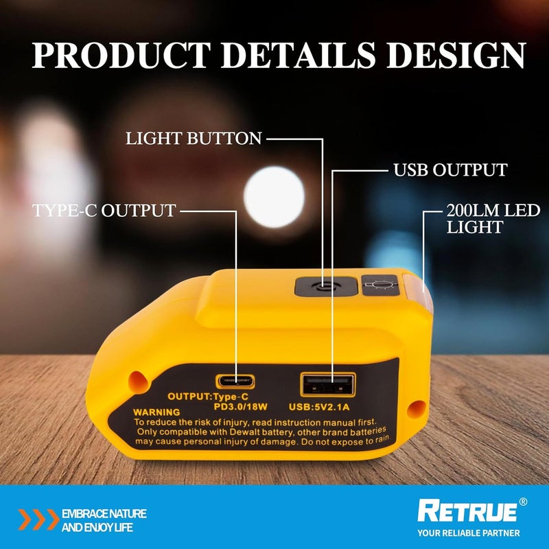 RETRUE محول شاحن USB للبطارية لبطارية DeWalt 20V MAX، محول طاقة مولد مع شاحن USB من النوع C وإضاءة LED للعمل والتخييم والسفر بالمركبات الترفيهية، الأداة فقط - Image 2