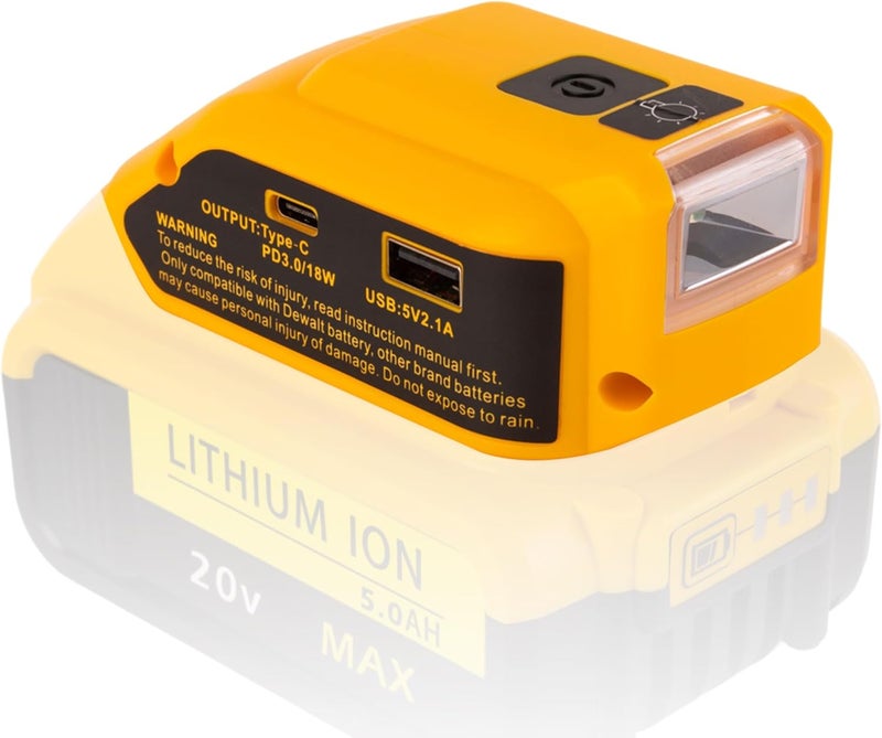 RETRUE محول شاحن USB للبطارية لبطارية DeWalt 20V MAX، محول طاقة مولد مع شاحن USB من النوع C وإضاءة LED للعمل والتخييم والسفر بالمركبات الترفيهية، الأداة فقط - Image 1