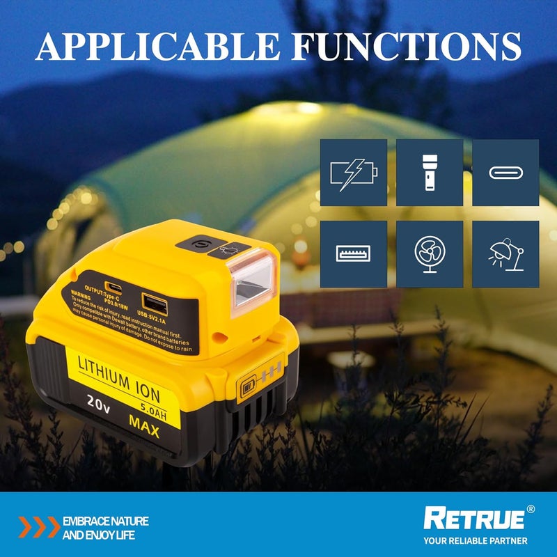 RETRUE محول شاحن USB للبطارية لبطارية DeWalt 20V MAX، محول طاقة مولد مع شاحن USB من النوع C وإضاءة LED للعمل والتخييم والسفر بالمركبات الترفيهية، الأداة فقط - Image 3