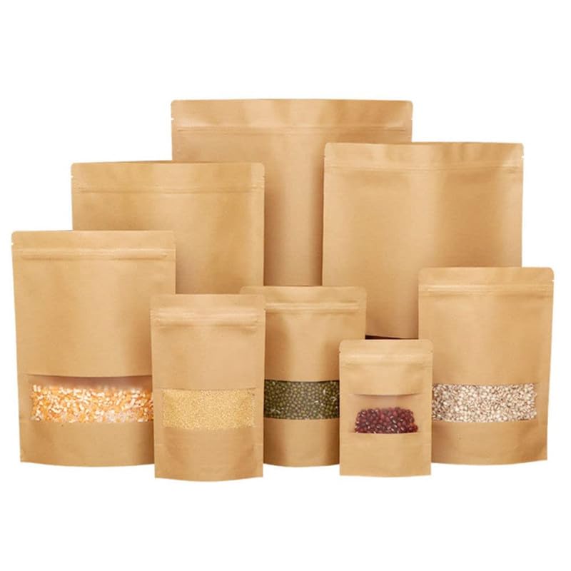 VELEXE Brown Kraft Paper Zip Lock Stand Up Storage Pouches | 150mm*220mm | 500 Grams | Pack of 25 | Reusable & Airtight Storage Pouches with Transparent Rectangle Window & Self Sealing Technology - Image 1