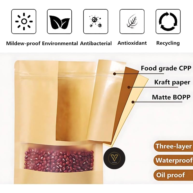 VELEXE Brown Kraft Paper Zip Lock Stand Up Storage Pouches | 150mm*220mm | 500 Grams | Pack of 25 | Reusable & Airtight Storage Pouches with Transparent Rectangle Window & Self Sealing Technology - Image 5