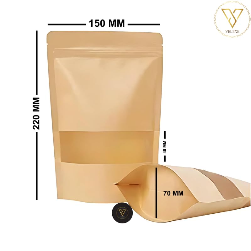 VELEXE Brown Kraft Paper Zip Lock Stand Up Storage Pouches | 150mm*220mm | 500 Grams | Pack of 25 | Reusable & Airtight Storage Pouches with Transparent Rectangle Window & Self Sealing Technology - Image 3