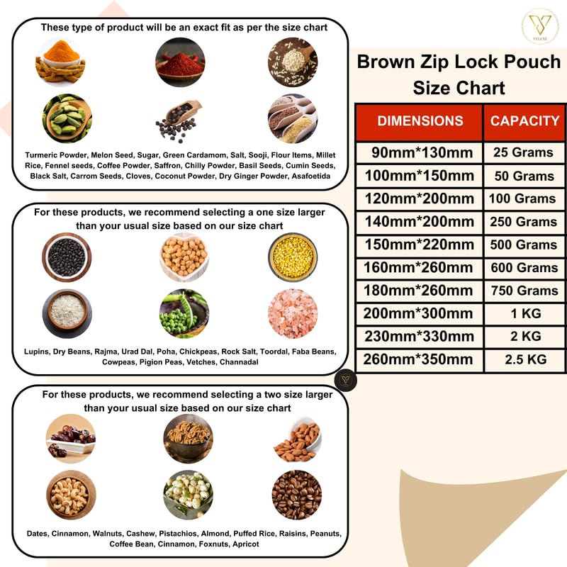 VELEXE Brown Kraft Paper Zip Lock Stand Up Storage Pouches | 150mm*220mm | 500 Grams | Pack of 25 | Reusable & Airtight Storage Pouches with Transparent Rectangle Window & Self Sealing Technology - Image 2