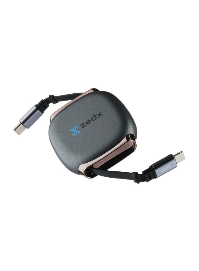 Zedx ZE-04 30W Fast Charge Retractable Data Cable – USB-C to Lightning - Image 1